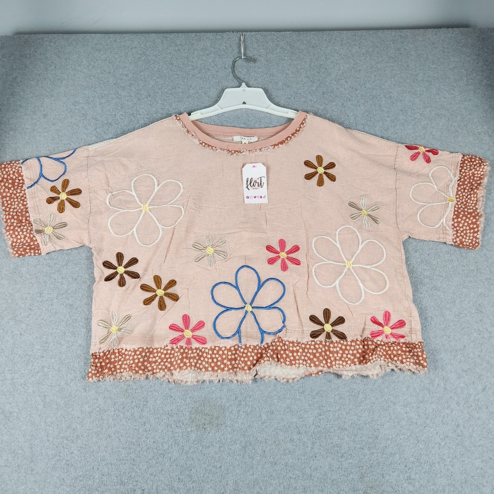 Oli & Hali Top Womens Medium Pink Cotton Floral Embroidered Boho Boxy Raw Hem